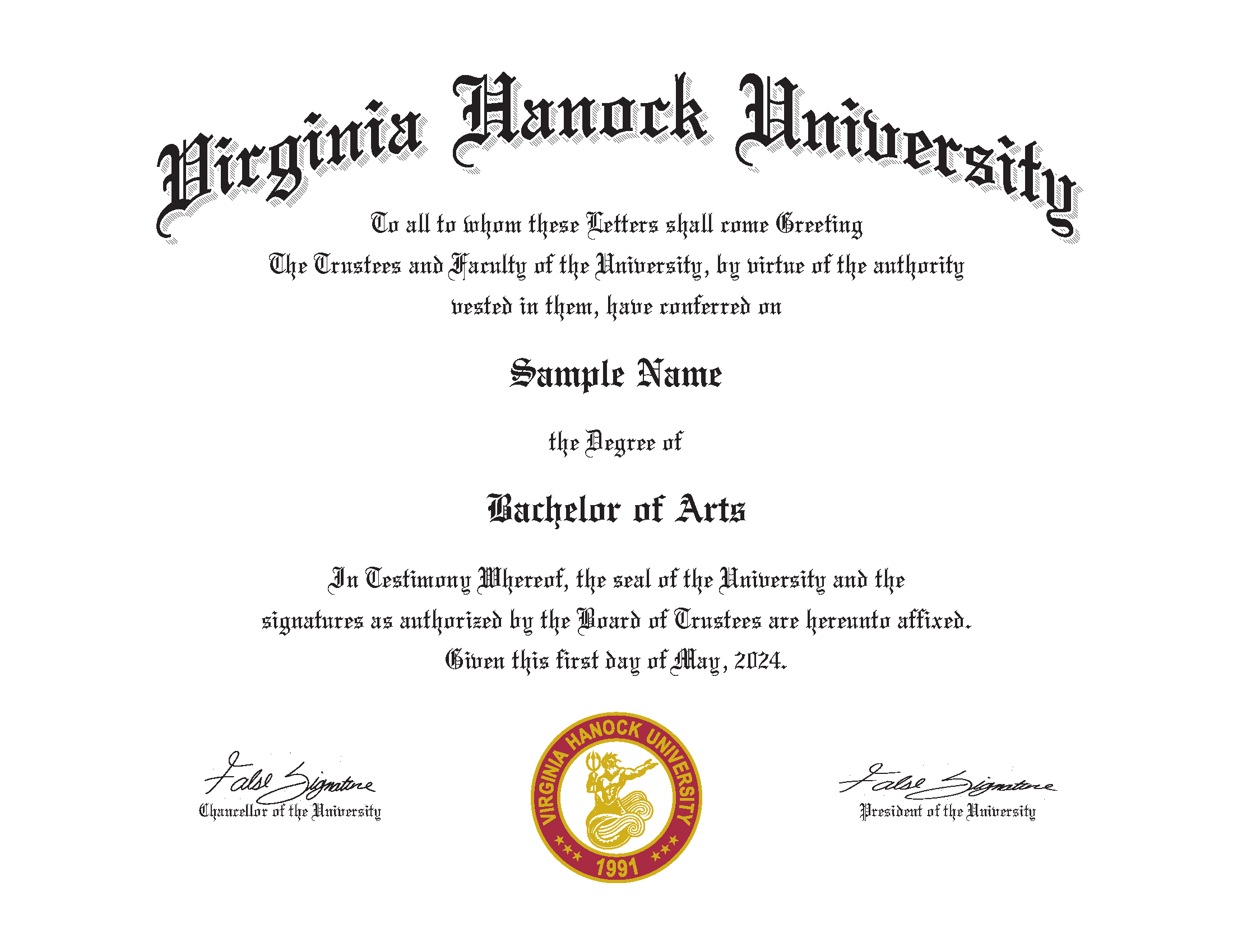 SURETYLOCK Sample Diploma FRONT for Virginia Hanock University (Fake University)