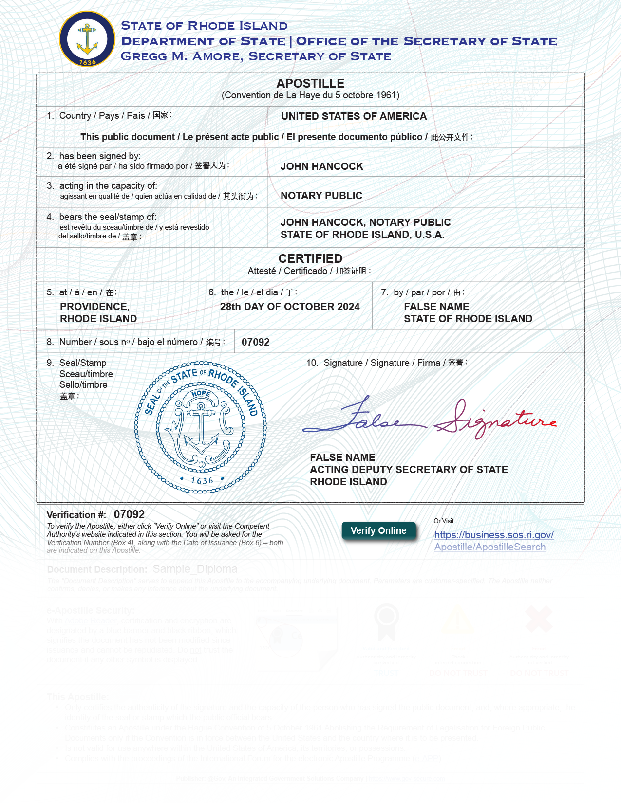 Sample e-Apostille Document